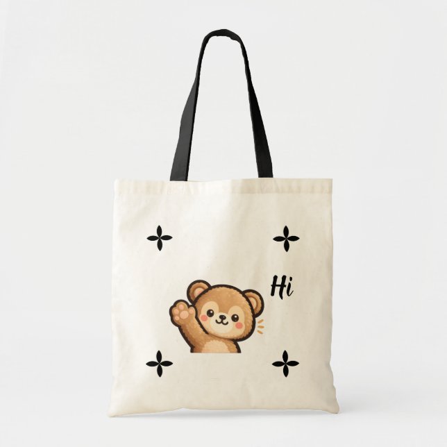 Bolsa Tote Cute Bear Tote Bag – “Hi” Minimal Kawaii Design (Frente)