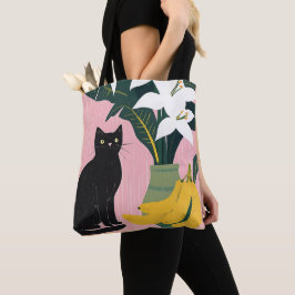 Bolsa Tote Cute Black cat with White Flower
