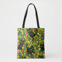 Cute Black Cats Floral Meadow Pattern