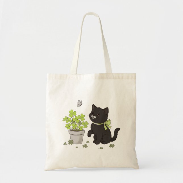Bolsa Tote Cute Black Kitten & Lucky Clover Tote Bag (Frente)