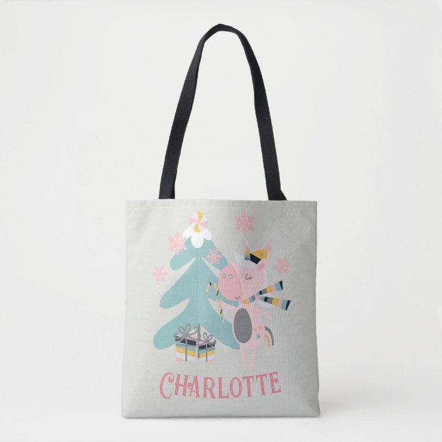 Bolsa Tote Cute Boho Christmas Unicorn com nome no sábado (Frente)