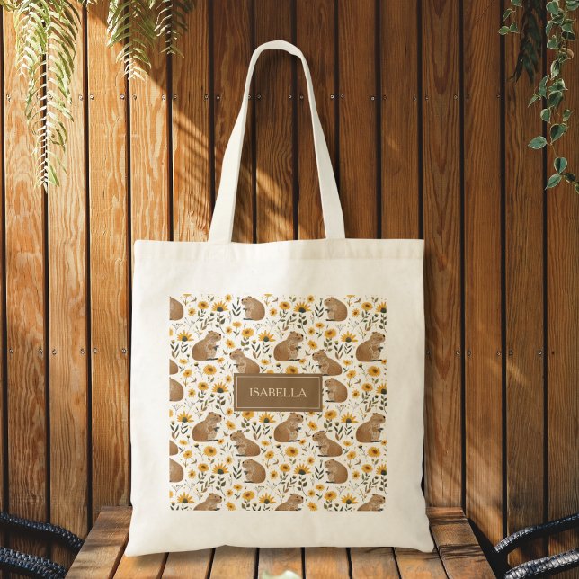 Bolsa Tote Cute Capybara Floral Tote Bag (cute whimsical capybara sunflower floral tote bag with custom name, fun personalized gift)