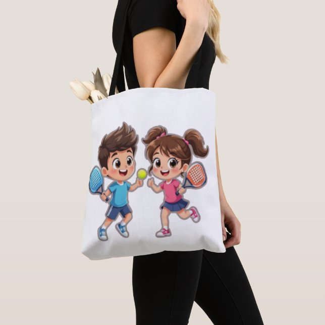 Bolsa Tote Cute Cartoon Boy and Girl Playing Padel Tennis – F (Close Up)