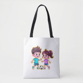 Bolsa Tote Cute Cartoon Boy and Girl Playing Soccer Together 