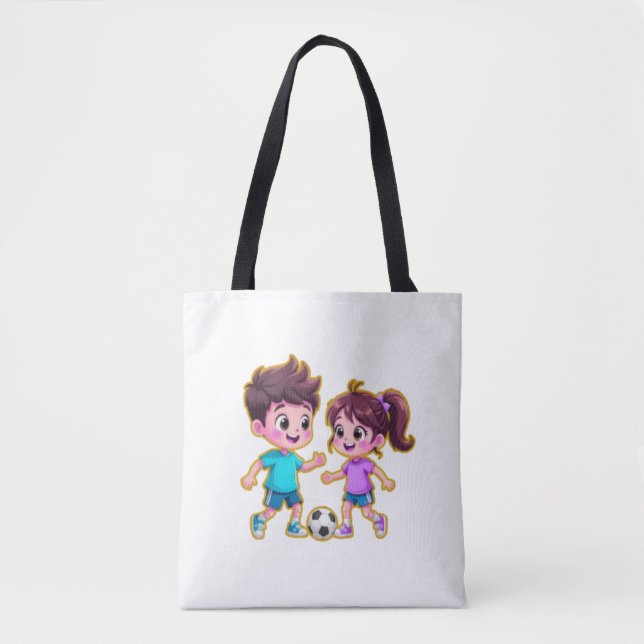 Bolsa Tote Cute Cartoon Boy and Girl Playing Soccer Together  (Frente)