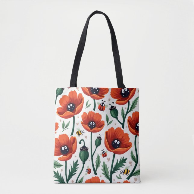 Bolsa Tote Cute Cartoon Pop Art Poppies Bees Ladybugs Women (Frente)