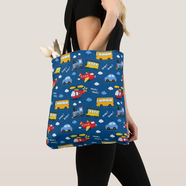 Bolsa Tote Cute Cartoon Vehicles Pattern  (Close Up)
