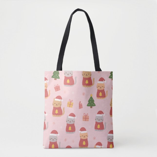 Bolsa Tote Cute Christmas Cats Pattern – Pink Holiday Design (Frente)