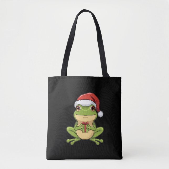 Bolsa Tote Cute Christmas Frog with Santa Hat Holding  Gift - (Frente)