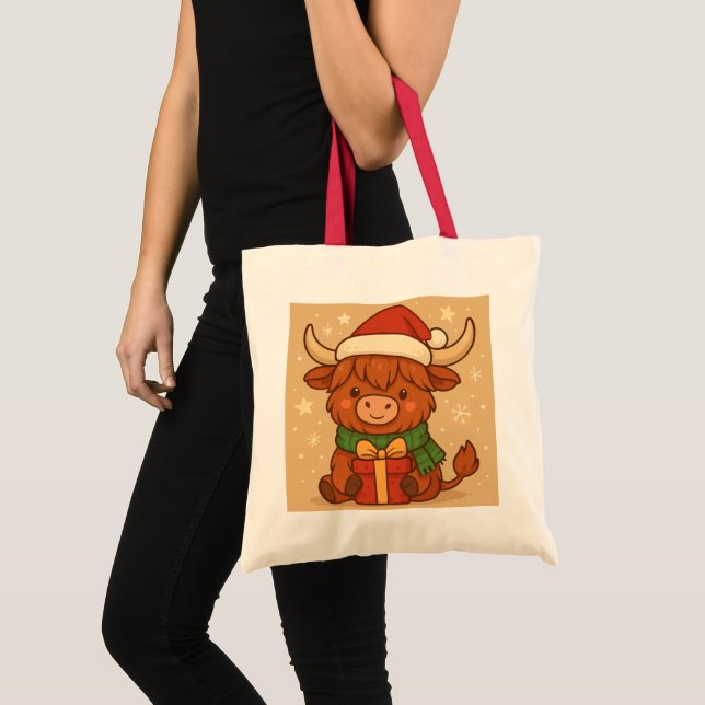 Bolsa Tote Cute Christmas Highland Cow. (Frente (produto))