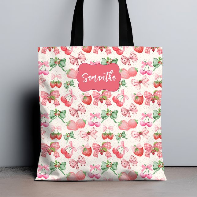 Bolsa Tote Cute Coquette aesthetic girly strawberry pattern (Criador carregado)