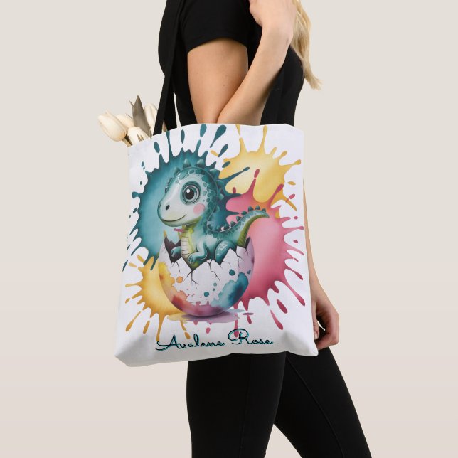 Bolsa Tote Cute Dinosaur with Watercolor Splash Baby Shower (Close Up)