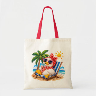 Bolsa Tote Cute Duck Girl on Beach Vacation Summer Illustrati