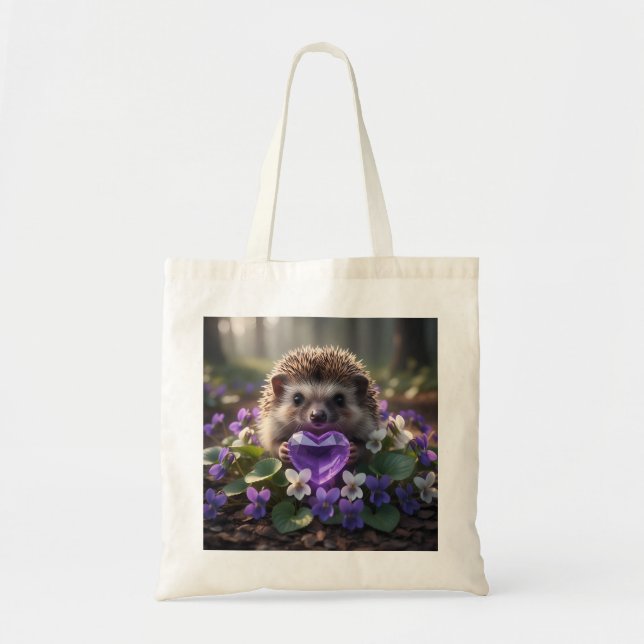 Bolsa Tote Cute February Hedgehog with Amethyst Heart (Frente)