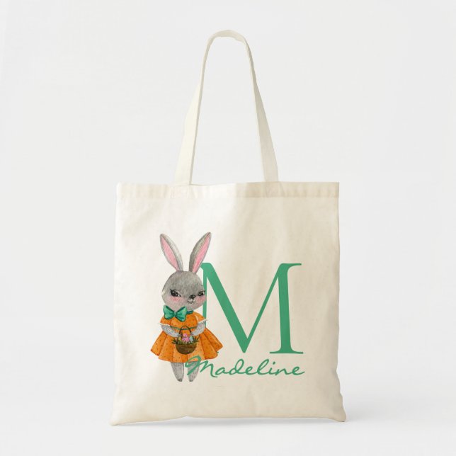 Bolsa Tote Cute Girl Easter Bunny Initial and Name Tote Bag (Frente)