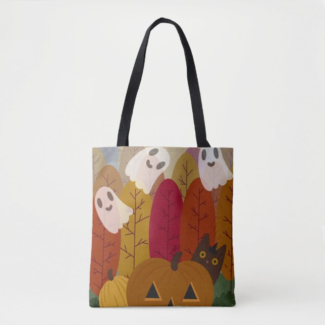 Bolsa Tote Cute Halloween Black Cat and Ghosts Autumn Pumpkin (Frente)