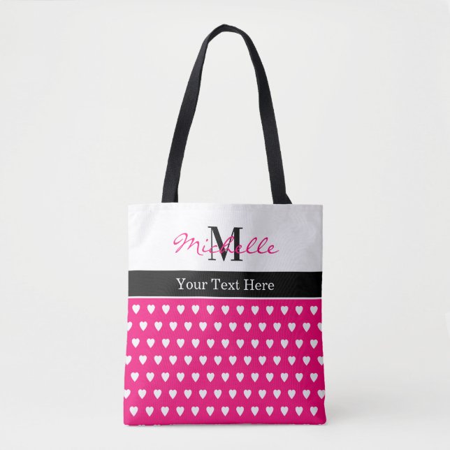 Bolsa Tote Cute Heart Pattern Pink Monogram Name Any Text (Frente)