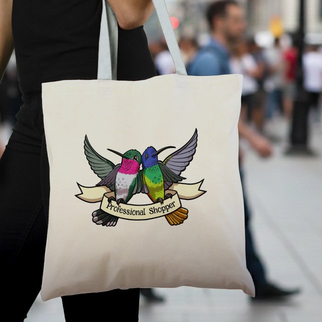 Bolsa Tote Cute Hummingbirds Add Your Own Text Ribbon Cartoon (Criador carregado)