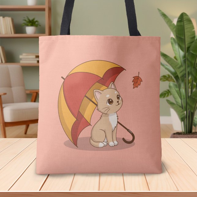 Bolsa Tote Cute Kitten Cat Red Yellow Umbrella Fall Pink (Criador carregado)