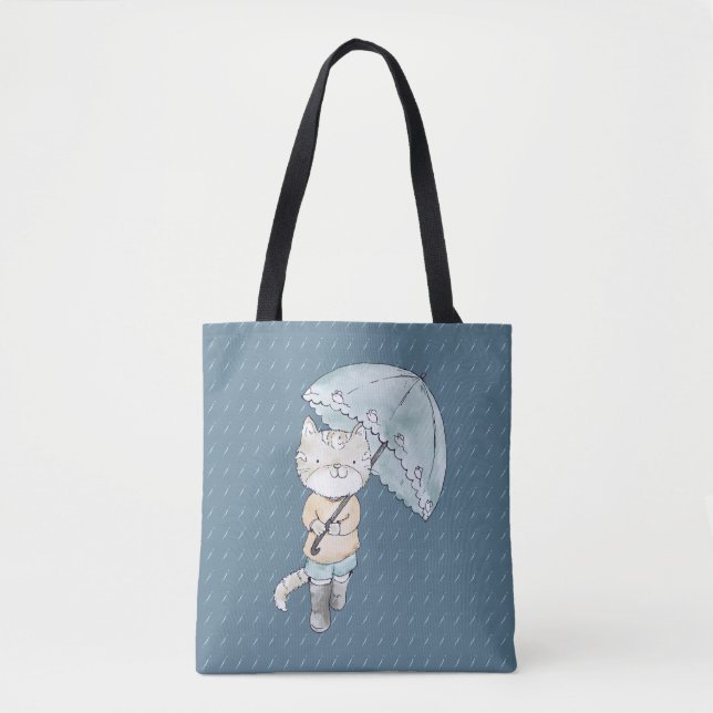 Bolsa Tote Cute Kitten com a ilustração Umbrella em Chuva (Frente)