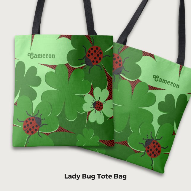 Bolsa Tote Cute Ladybug Clover deixa nome em verde vermelho (Cute Ladybug Clover Leaves Name in Green Red Tote Bag)