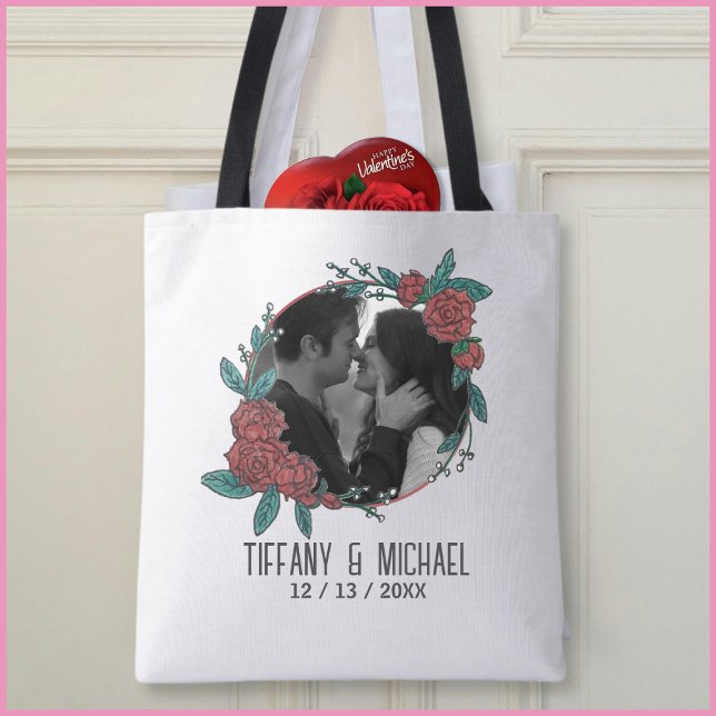 Bolsa Tote Cute Modern 1 Photo Couples Names Date Married (Criador carregado)
