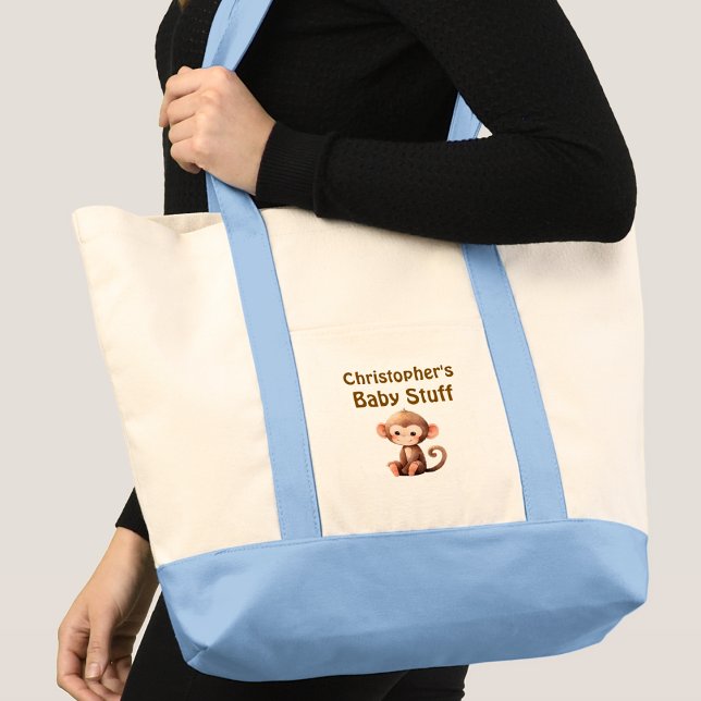 Bolsa Tote Cute monkey baby stuff name blue brown (Criador carregado)