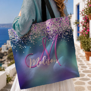 Bolsa Tote Cute monograma de purpurina falsa turquesa roxa