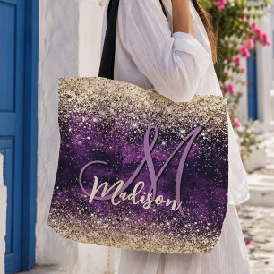 Bolsa Tote Cute monograma dourada roxa escura falsa brilhante