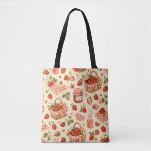 Bolsa Tote Cute Morango Piquenique Cottagecore Xadrez Verão