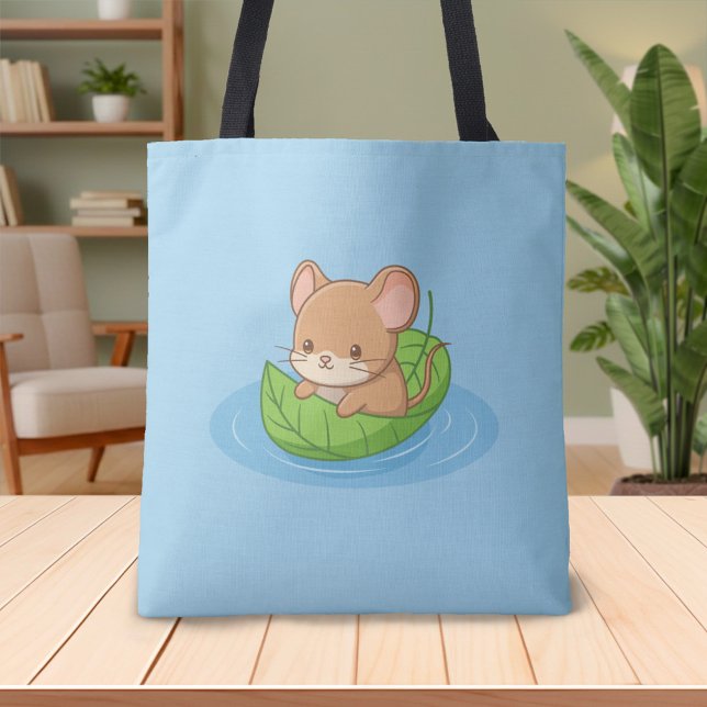 Bolsa Tote Cute Mouse in a Leaf Boat Blue (Criador carregado)