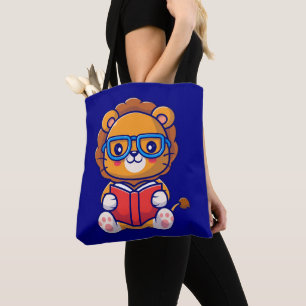Bolsa Tote Cute Nerd Lion Reading a Book