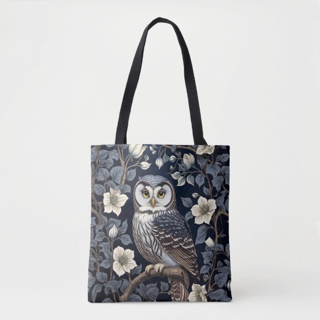 Bolsa Tote Cute Northern Saw-Whet Owl And Moonflowers On Navy (Frente)