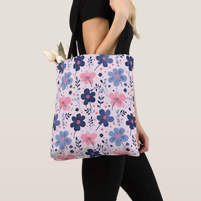 Bolsa Tote Cute Pastel Pink And Blue Floral Spring Garden (Close Up)