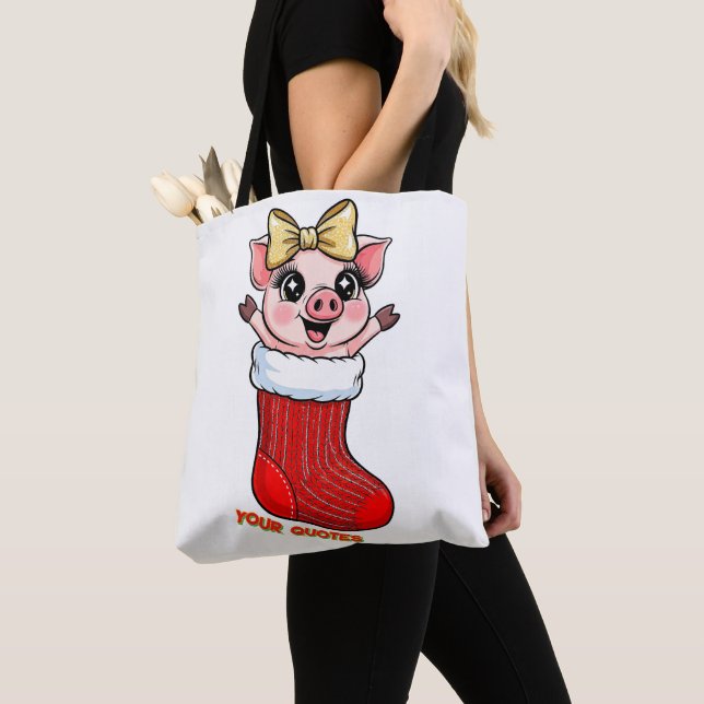 Bolsa Tote Cute Pig in Christmas Stocking (Close Up)