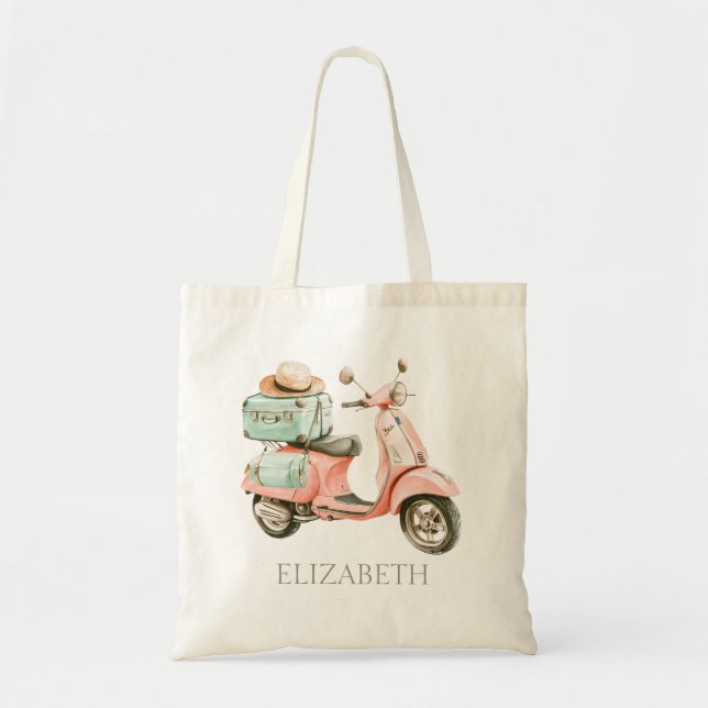 Bolsa Tote Cute Pink and Aqua Coastal Scooter (Frente)