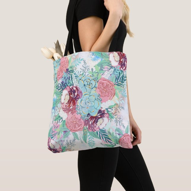 Bolsa Tote Cute Pink Mint Peony & Succulent Floral Hand Paint (Close Up)