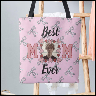 Bolsa Tote Cute Pink red & White Bows 1 Photo Best Mom Ever