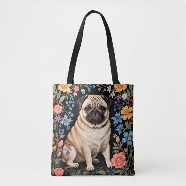Bolsa Tote Cute Pug Elegant Colorful Floral (Frente)