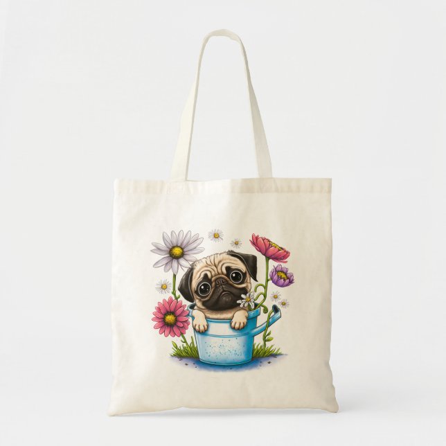 Bolsa Tote Cute Puggy Puppy com flores (Frente)