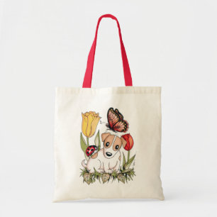 Bolsa Tote Cute Puppy com Borboleta, Ladybug e Tulipas