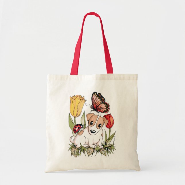 Bolsa Tote Cute Puppy com Borboleta, Ladybug e Tulipas (Frente)