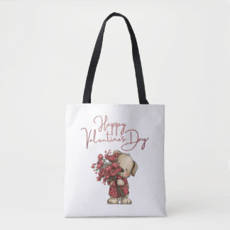 Bolsa Tote Cute Puppy Happy Valentine's Day Rose Bouquet