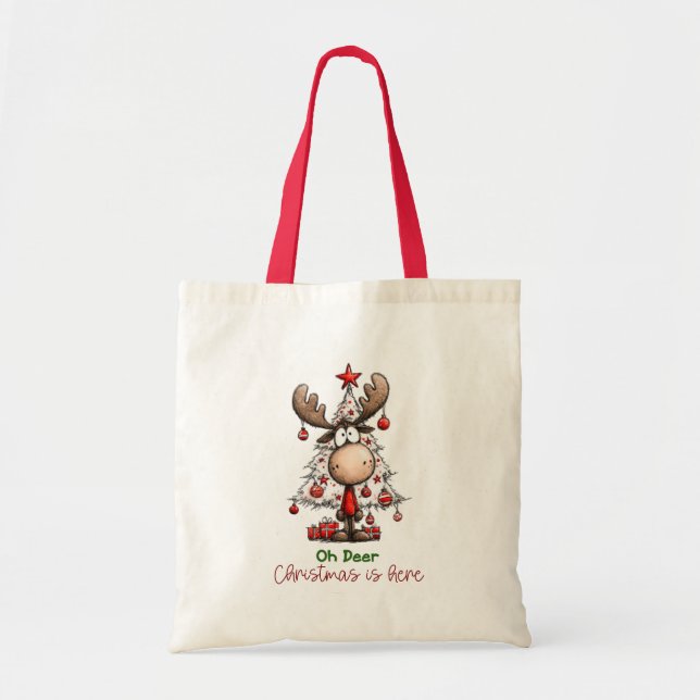 Bolsa Tote Cute Quirky Reindeer “Oh Deer, Christmas Is Here”  (Frente)