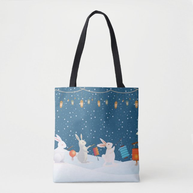 Bolsa Tote Cute Rabbits Lantern Parade Through Snow Christmas (Frente)