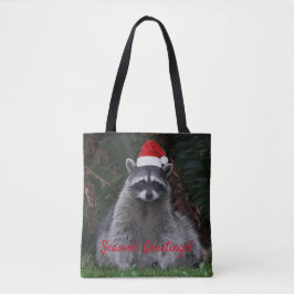 Bolsa Tote Cute Raccoon Vestindo Feriado Vermelho Santa Hat