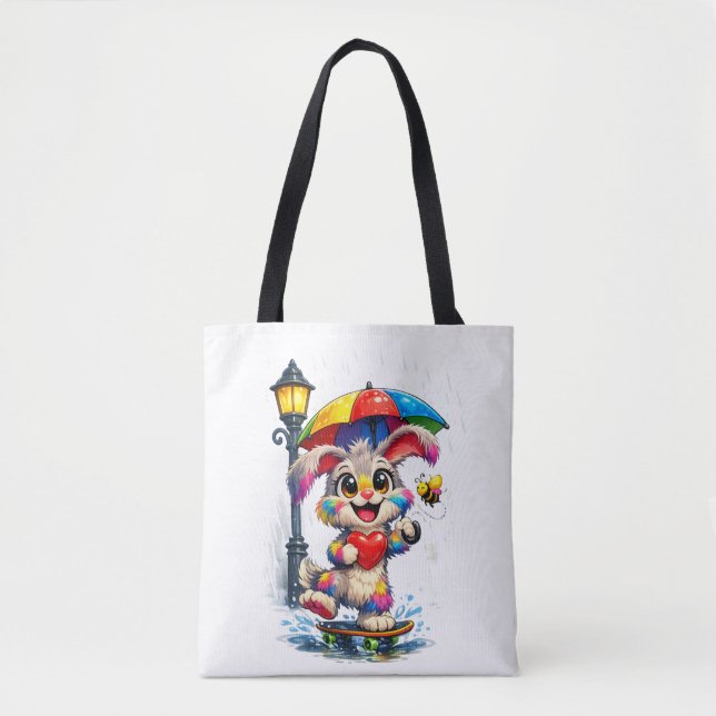 Bolsa Tote Cute Rainbow Bunny with Umbrella Design (Frente)