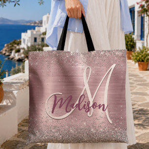 Bolsa Tote Cute rose blush prata monograma de brilho falso