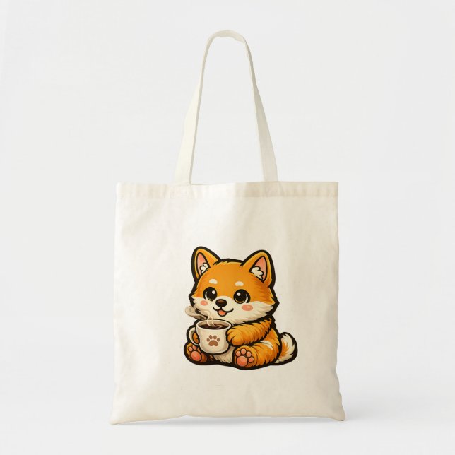 Bolsa Tote Cute Shiba Inu with Coffee – Cozy Dog Illustration (Frente)