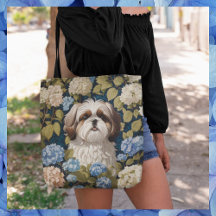 Cute Shih Tzu Puppy Blue hydrangea flores